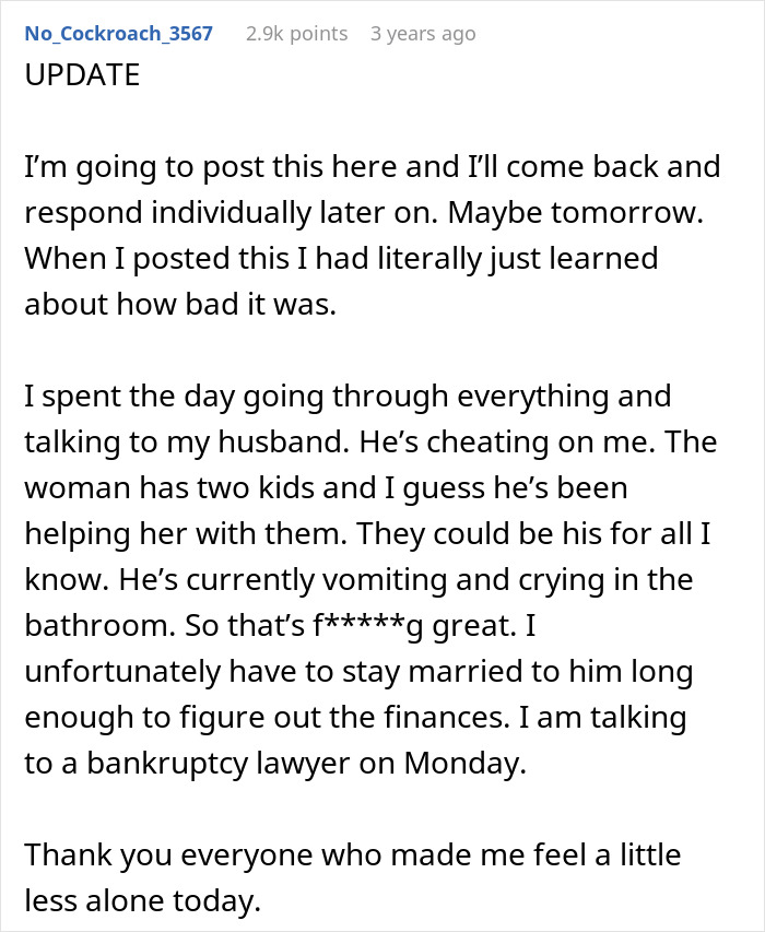 Reddit post update about a wife's financial nightmare, discussing a second family and consulting a bankruptcy lawyer.