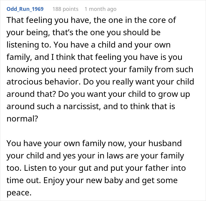 A screenshot of a Reddit comment advising a daughter on protecting her family, discussing the parents furious dynamic.