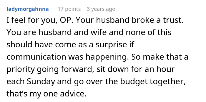A Reddit comment advising communication and budgeting to avoid the financial nightmare of a husband having a second family.
