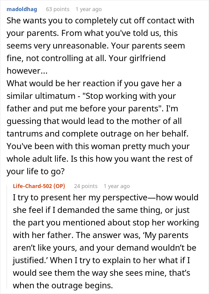 A Reddit post about a fianc&eacute;e who expects her guy to cut off his manipulative parents.