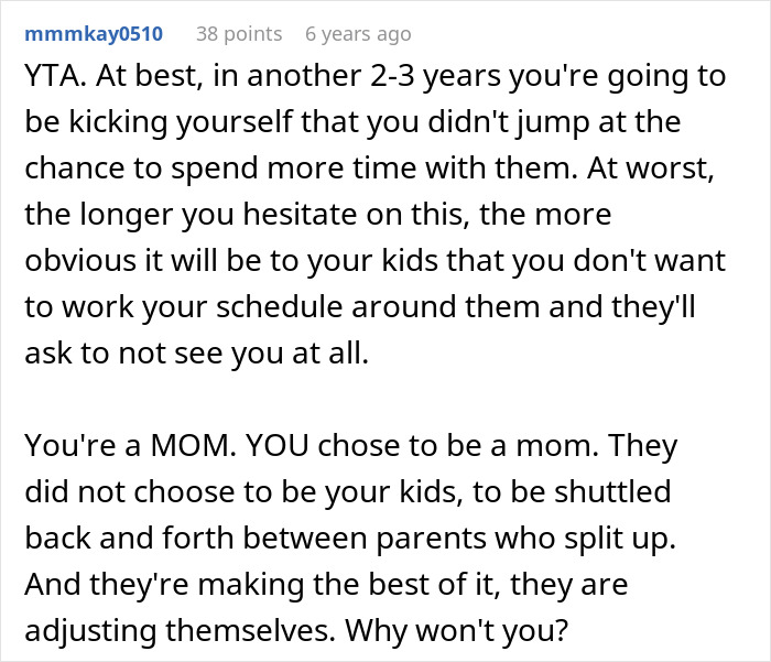 A white background with black text showing a Reddit comment that shames parents. This touches on common concerns parents won't say.