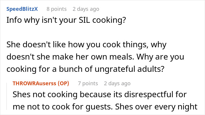 Question about sister-in-law cooking habits and remarks on disrespect in cooking