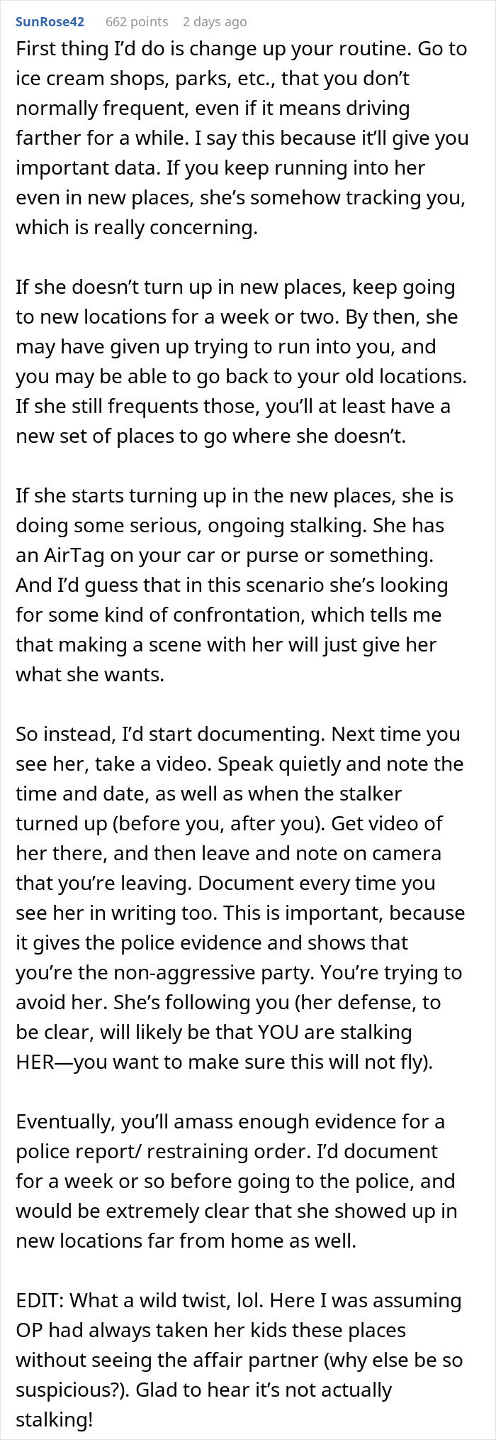 Detailed advice on handling stalking concerns related to cheating husband's mistress