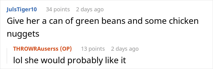 Comment suggesting green beans and chicken nuggets for picky eater