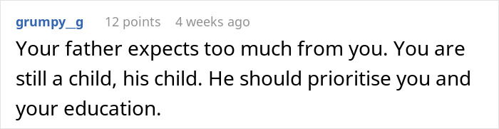 Comment on father's expectations and prioritizing teen's education