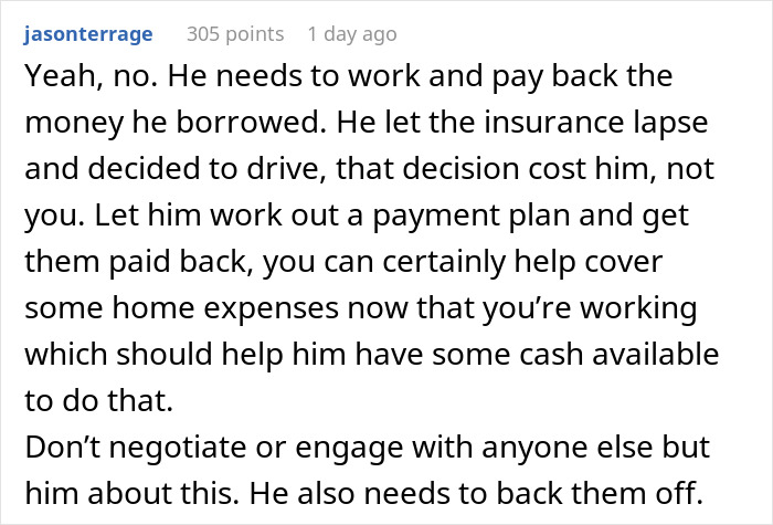 A Reddit comment advising someone not to engage with his family regarding harassment for debts, focusing on SAHM and debts.