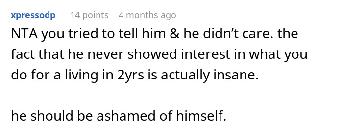 Reddit comment: Man was never interested in wife&rsquo;s job, now wants to know. User states he should be ashamed.