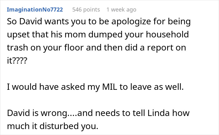 Comment criticizing MIL dumping household trash on floor and causing upset Comment criticizing MIL dumping household trash on floor and causing upset