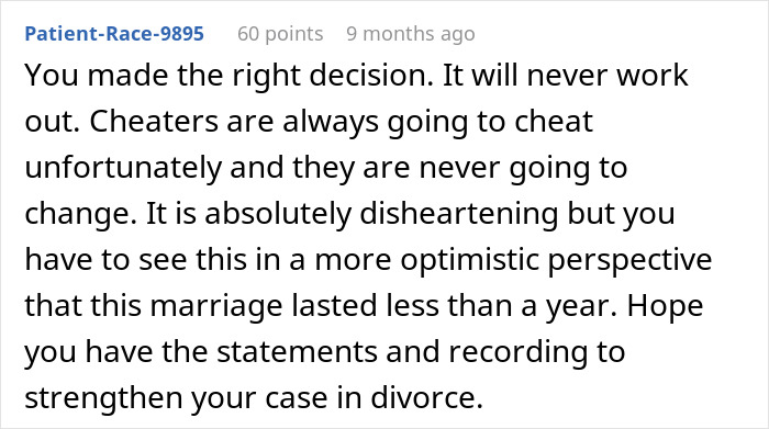 A Reddit comment offering advice on an arranged marriage gone wrong due to a wife's affair, emphasizing divorce.