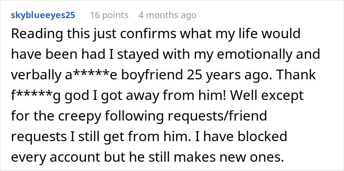 Escape from emotionally a*****e relationship confirmed by spying and stalking comments