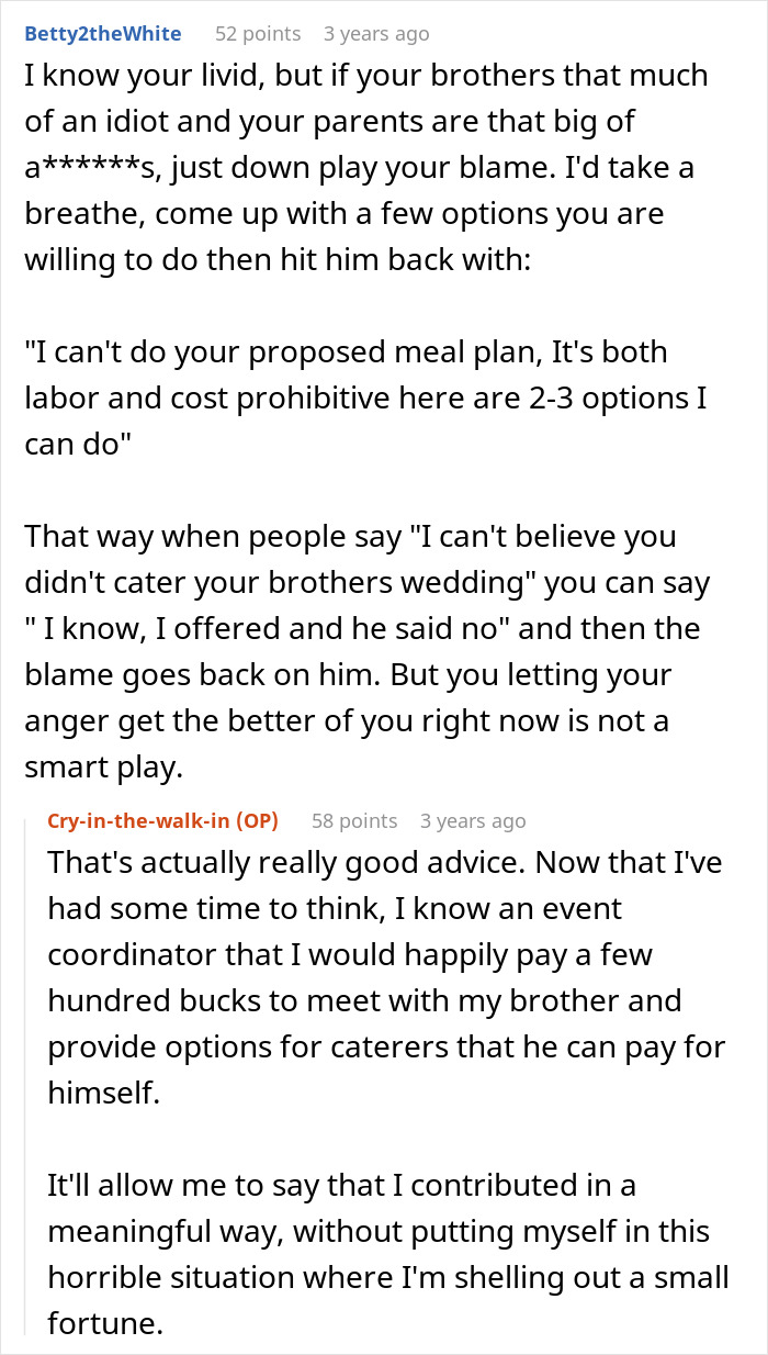 A Reddit thread discussing a brother wedding with advice on managing expectations about money and food.
