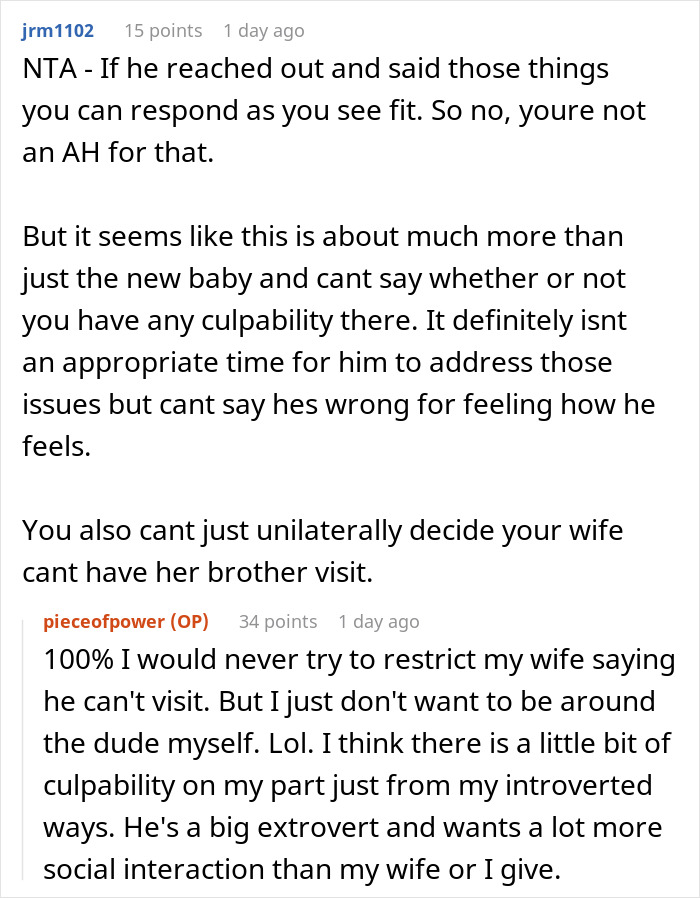 Reddit comment discussing brother-in-law and newborn baby conflict Reddit comment discussing brother-in-law and newborn baby conflict