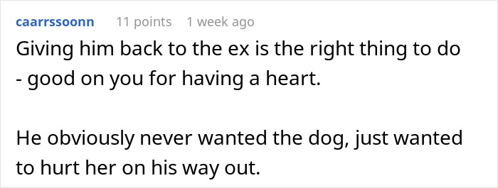 Comment supporting giving dog back to ex in spiteful dog custody situation Comment supporting giving dog back to ex in spiteful dog custody situation