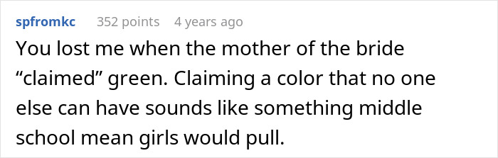 MIL Throws A Pity Party Over Not Wearing Green For Son's Wedding, Plans To Switch Dresses Anyway MIL Throws A Pity Party Over Not Wearing Green For Son's Wedding, Plans To Switch Dresses Anyway