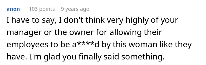 Comment criticizing manager for allowing woman to mistreat bakery employees Comment criticizing manager for allowing woman to mistreat bakery employees