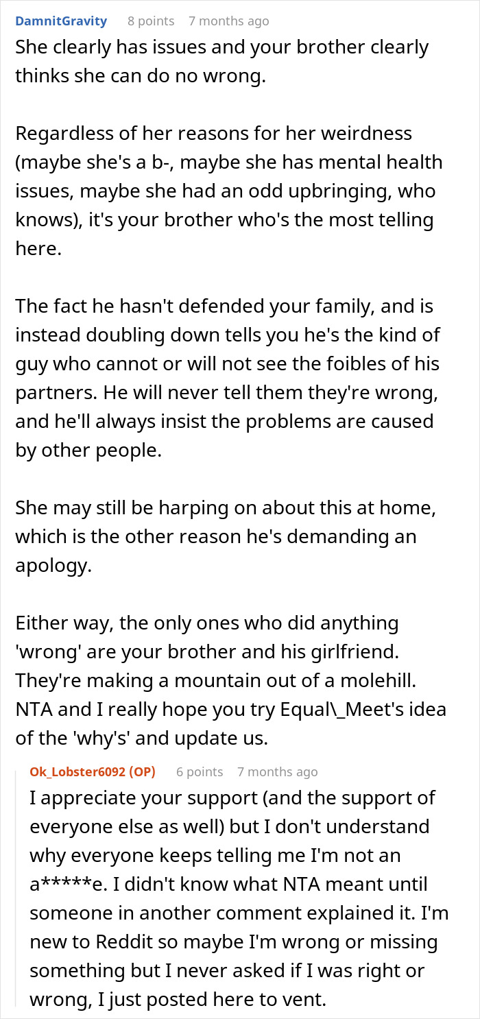 Comments discussing a woman's tantrum at a restaurant over BF's brother's order
