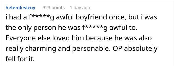 Screenshot of a Reddit comment detailing an awful boyfriend, leading to breakups, relevant to sister's affair.