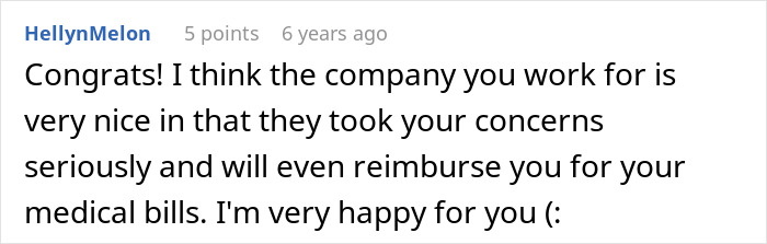 A Reddit comment from HellynMelon, congratulating a woman for learning to defend herself and getting reimbursed for medical bills.