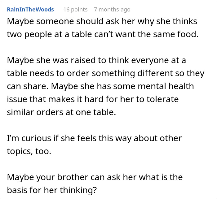 Question about why girlfriend objects to same food orders at a table