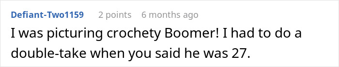 A user comment about picturing a "crochety Boomer" for a coworker from hell who asks for a ride home.