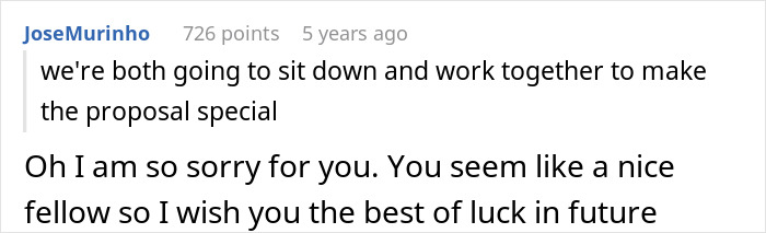 Comment expressing sympathy and support for man wanting a special proposal