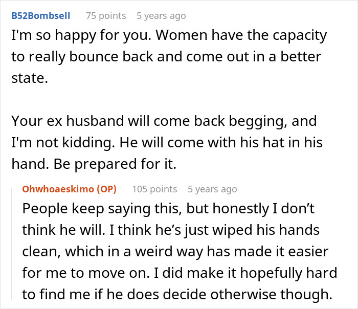 Supportive comments predicting ex-husband's return and moving on from He Chose Her story