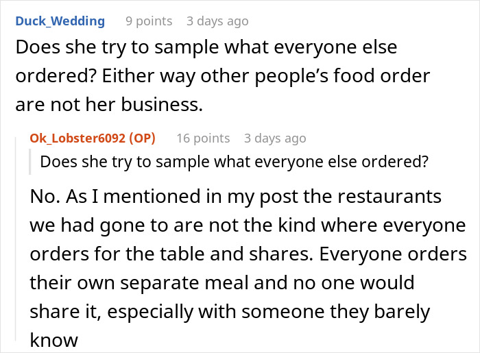 Comments about Rachael's interference with others' food orders