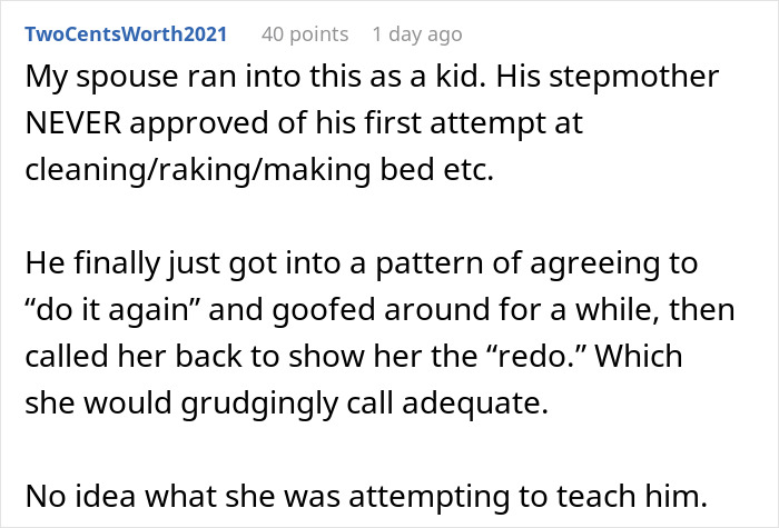 Comment sharing personal story about cleaning criticism from stepmother Comment sharing personal story about cleaning criticism from stepmother
