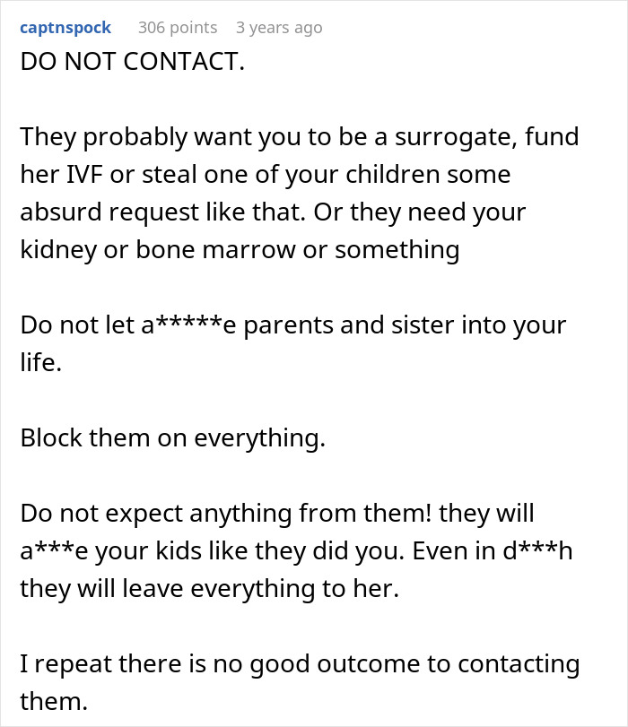 Comment warning not to contact sister or parents due to infertility and family drama Comment warning not to contact sister or parents due to infertility and family drama