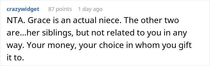 A Reddit comment states a wealthy woman can spoil her niece, as stepsiblings aren't related.
