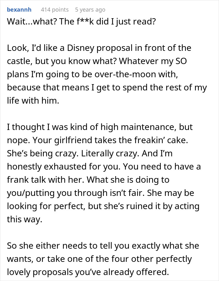 Comment describing woman's high maintenance in multiple proposal demands context