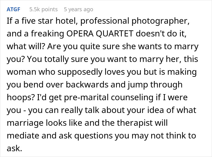 Advice on pre-marital counseling over elaborate proposal demands