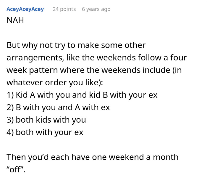 A comment suggesting weekend childcare arrangements for parents, offering different kid schedules. Many parents discuss this.