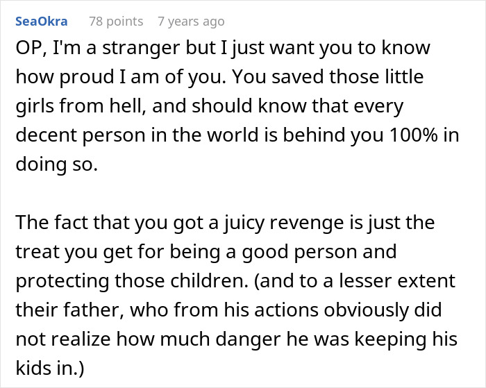 Comment expressing pride in woman saving girls and getting revenge
