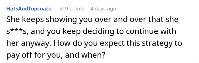 A Reddit comment questioning a guy's sanity for staying with his wife after her behavior on their honeymoon.