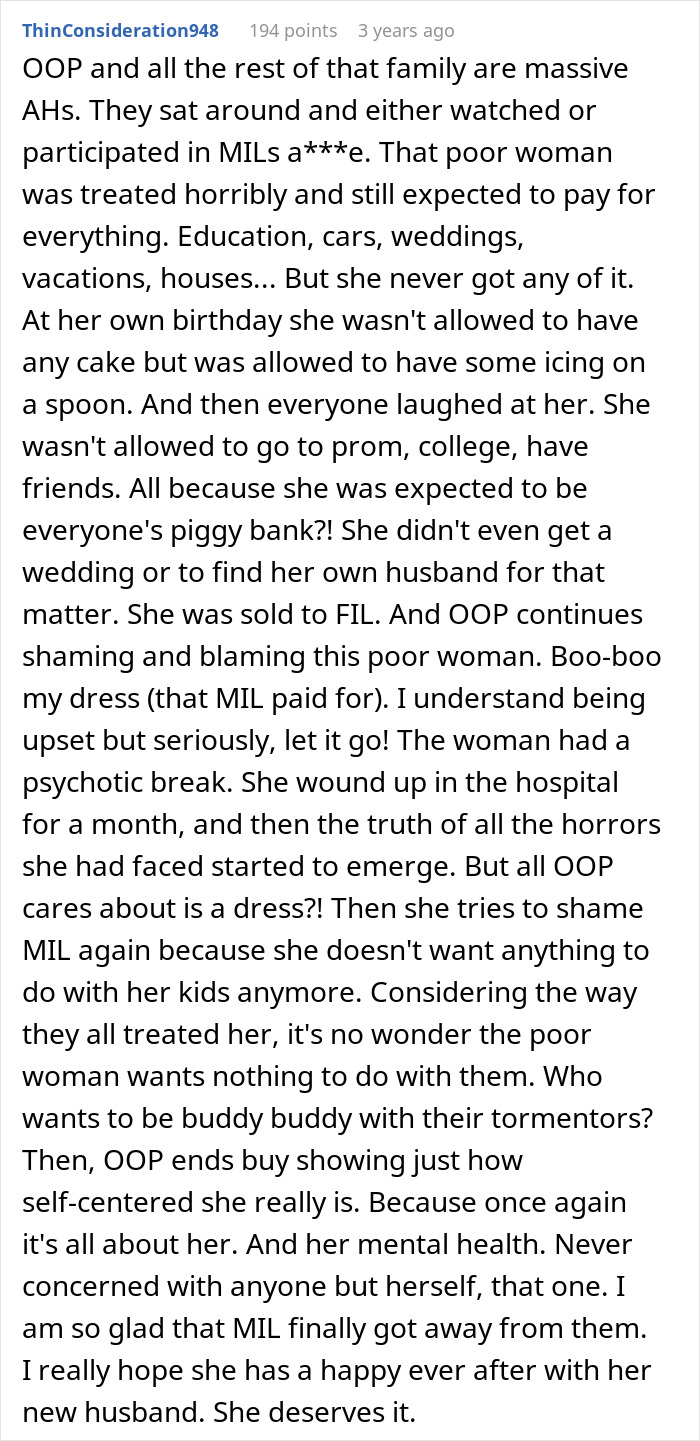 Detailed Reddit comment defending MIL and criticizing family behavior