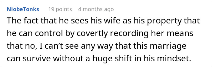 Wife seen as property controlling husband with covert recording in marriage