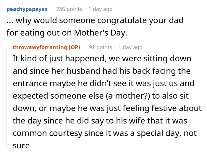 Reddit thread where Karen Shames Dad is questioned for Mother's Day dining. His 19YO daughter defends him. Reddit thread where Karen Shames Dad is questioned for Mother's Day dining. His 19YO daughter defends him.