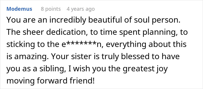 Comment admiring dedication and kindness in sibling revenge story