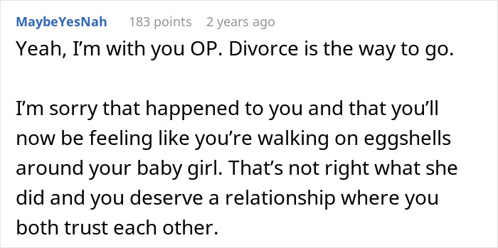 A Reddit comment advises a user facing marital issues with a Postpartum Wife to consider divorce after fake allegations.