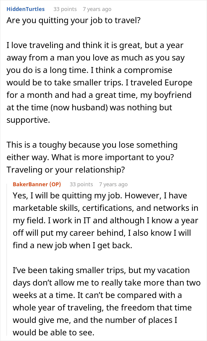 A woman's dream trip dilemma, debating quitting her job for travel versus a relationship, an impossible choice after saving for 5 years.