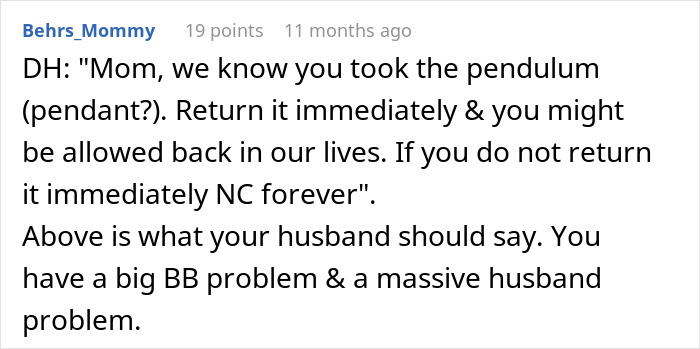 A comment on a post about a mil broke in son house, discussing a husband's approach to his mother's actions.