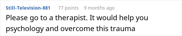 A screenshot of a Reddit comment suggesting therapy for trauma, relevant to arranged marriage.