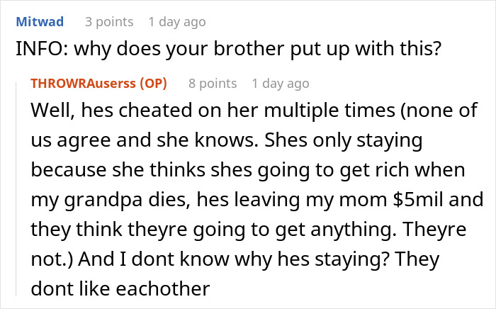 Comment explaining reasons behind brother's relationship issues