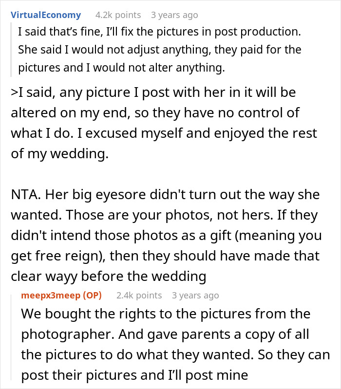 Reddit post discussing bride altering wedding pictures due to MIL outfit Reddit post discussing bride altering wedding pictures due to MIL outfit