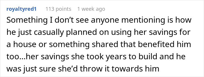 A comment from user royaltyred1 discussing a Woman's Dream Trip, questioning a partner's assumption about her savings.