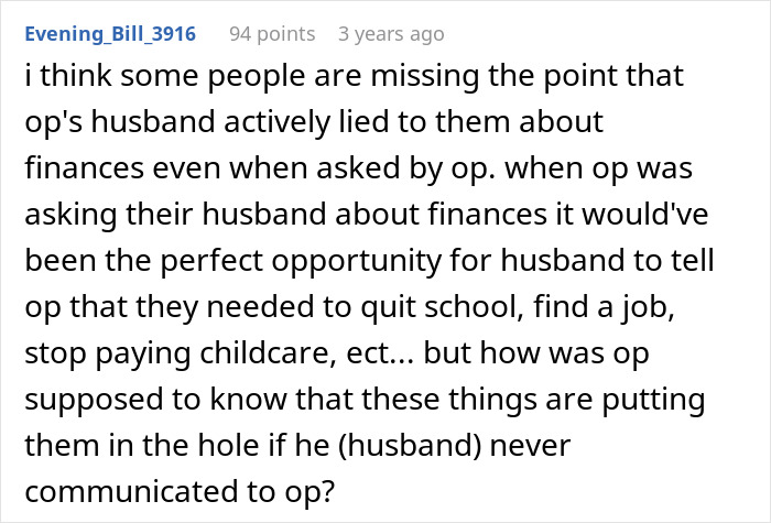 A Reddit comment discussing a wife's financial nightmare, detailing a husband's lies about finances in a second family situation.