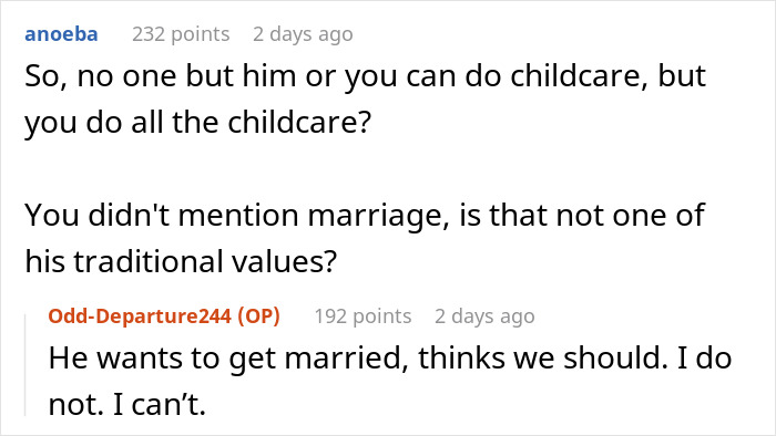 Question about childcare responsibilities and marriage in traditional values