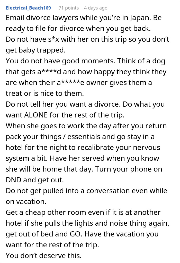 A Reddit post advises a husband on his honeymoon, questioning sanity with extreme behaviors.