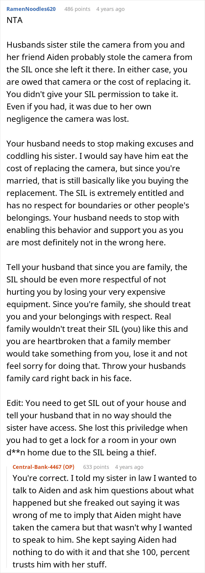 A phone screen displaying text from Reddit, discussing an irresponsible sister-in-law and a husband's unhelpful "fix".